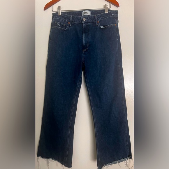 PAIGE Denim - Paige Leenah Ankle Wide Leg Bootcut Jeans High Waist Raw Hem Dark Wash Sz 30